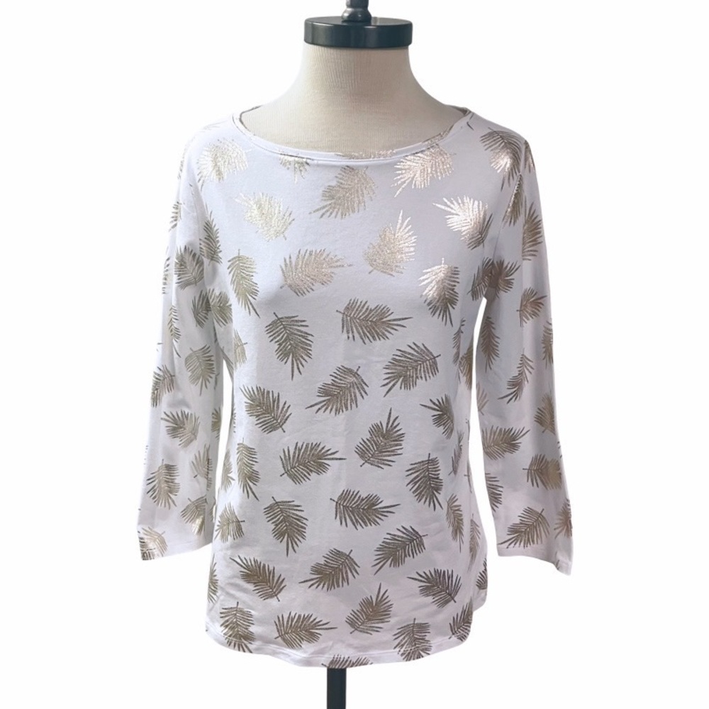 TALBOTS Womens White Metallic Gold Leaf Top SMALL Glam Coastal Summer Resort NEW